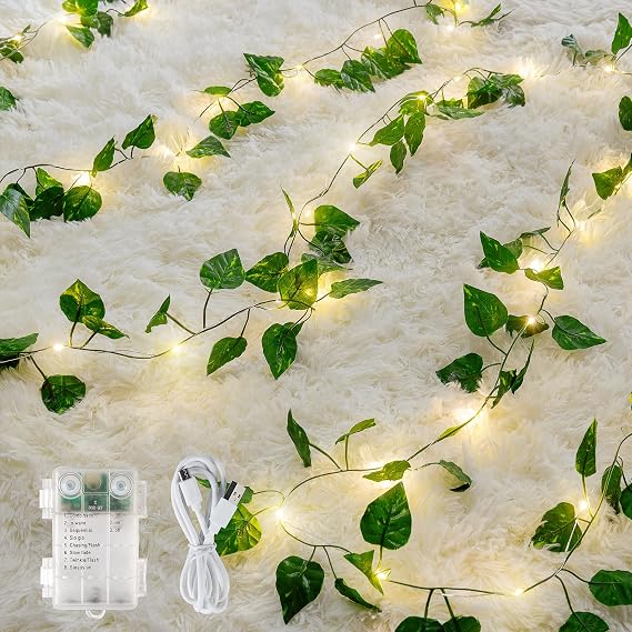 woohaha Pothos Leaf Vine with Fairy Lights Battery Operated | 23ft 73LED warm white leaf garland string lights, indoor outdoor decor for bedroom, classroom, wall, wedding, garden party