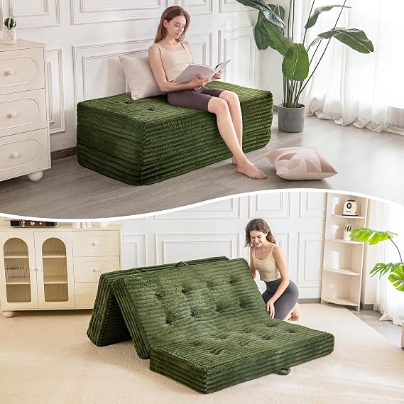 MAXYOYO Folding Sofa Couch Bed, 6 Inch Tri-Fold Floor Sofa Bed, Folding Mattress with Handles, Soft Faux Fur Folding Bed with Supportive Foam Filling, Portable Couch for Living Room, Queen, Dark Green