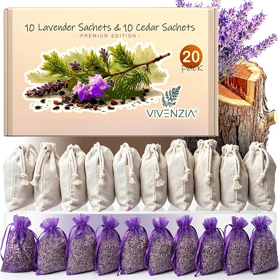 20 Pack Cedar Sachets & Lavender Sachets for Drawers and Closets- Cedar Chips for Clothes Storage- Dried Lavender Sachets for Clothes Storage- Drawer Fresheners for Dresser- Closet Deodorizer