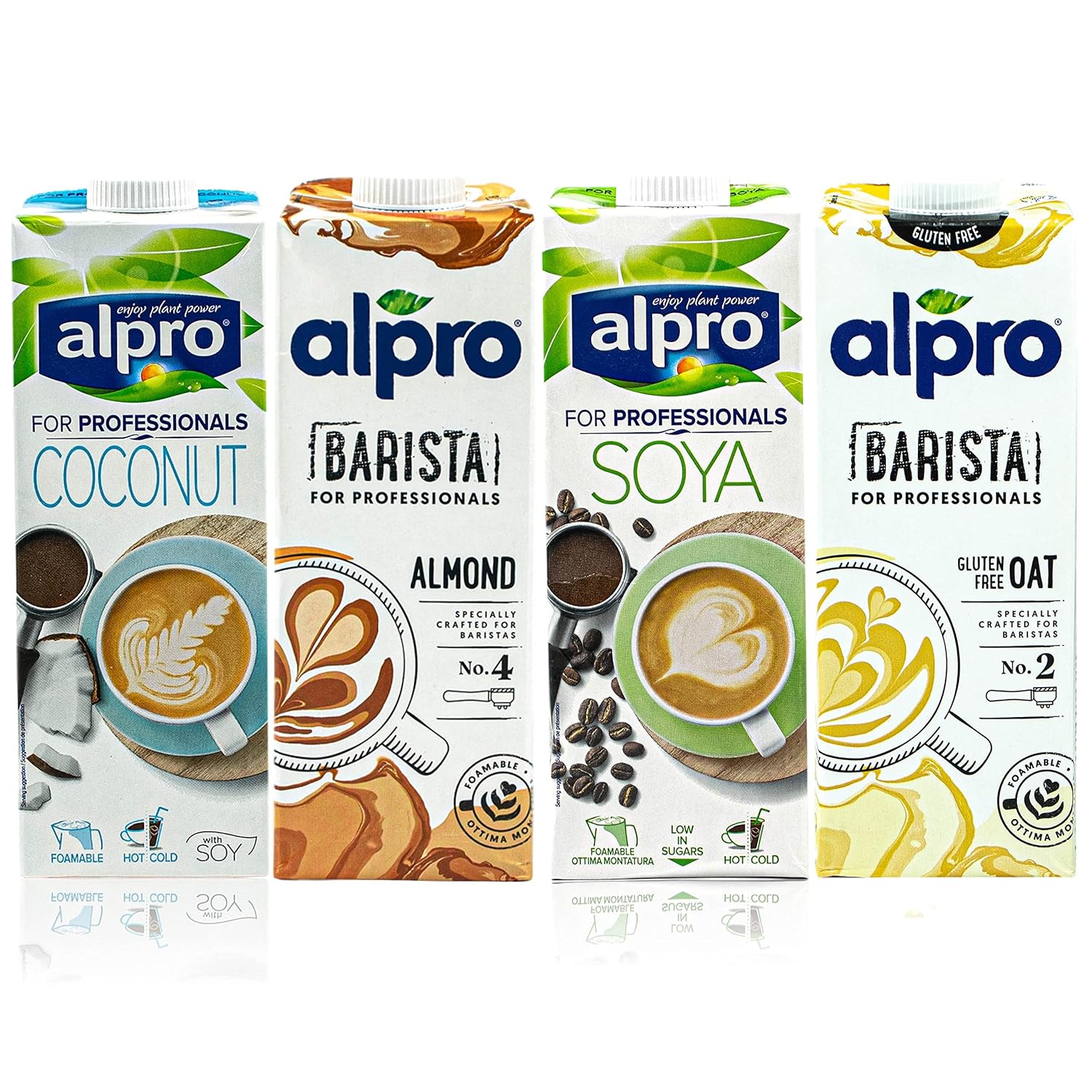 Alpro - Pack of 4 Barista Drink Tasting Set 1 Litre - Coconut - Almond - Oat  Oat - Soy for Frothing for Coffee Shakes and Smoothies