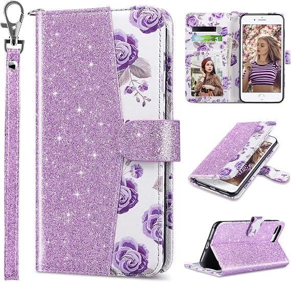 ULAK Wallet Case for iPhone 8 Plus/iPhone 7 Plus for Women, Purple Glitter