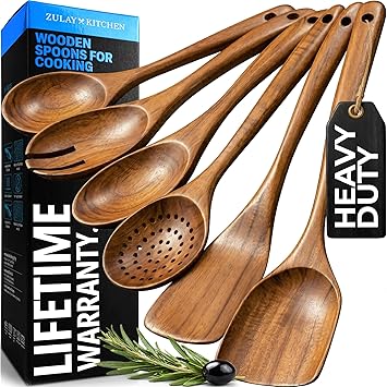 Zulay Kitchen 6 Piece Wooden Spoons for Cooking Natural Teak Wooden Utensil Set, Easy to Clean, Durable, Smooth with Comfort Grip - Non Toxic Wooden Cooking Utensil Sets
