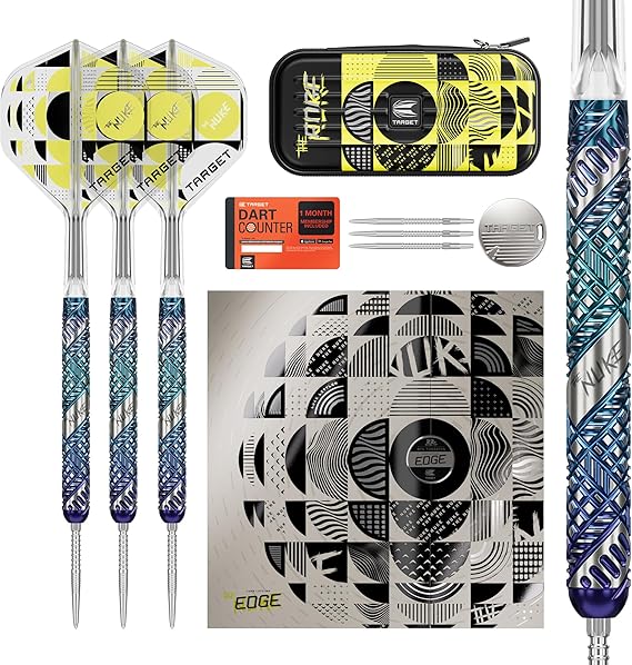 Target Darts Luke Littler Edge Steel Tip Swiss Point Dart Set, 22G/23G/24G | 95% Tungsten Darts, “The Nuke” Player Edition with Takoma Wallet, Additional Fire Points & No.2 K-Flex Flights