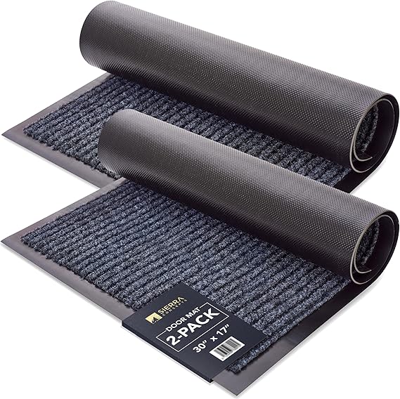 Front Door Mat, Indoor Outdoor Welcome Entryway Doormat, 30x17 Steel Gray | 2-Pack low-profile muddy doormats trap dirt, mud & moisture from shoes & pet paws for inside outside porch, patio & entryways