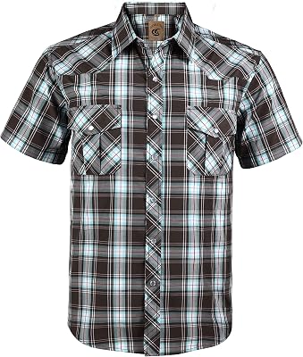 COEVALS CLUB Mens Western Cowboy Short Sleeve Pearl Snap Casual Plaid Work Shirts