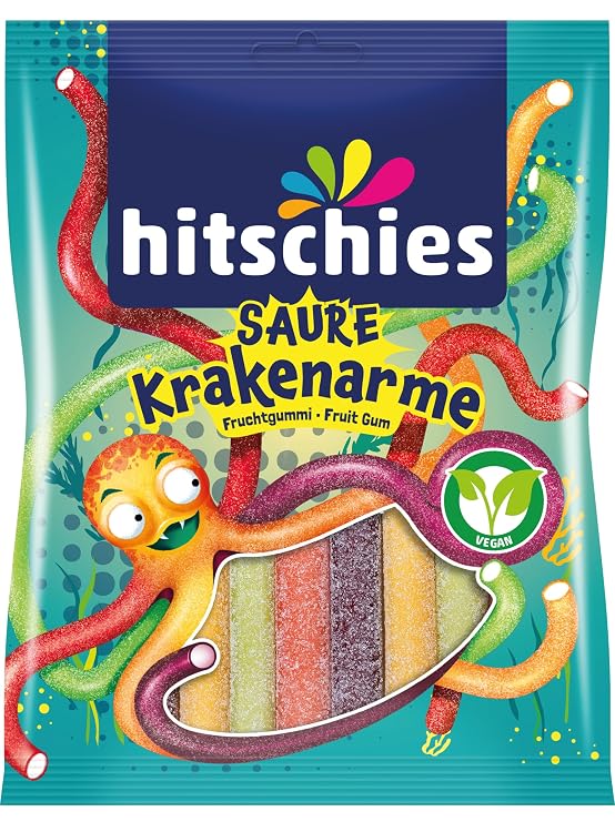 Hitschies Saure Krakenarme I Vegan Sour Fruit Gum Octopus Arms with Vanilla Filling I 125g 4.4 ounce