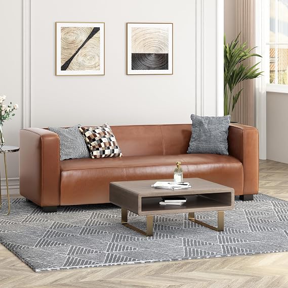 Mid Century Modern 3 Seater Deep Seat Sofas with Birch Wood Legs, 80.25'' Leather Couch,Smooth Upholstered Couch for Living Room, Office,Apartment, Brown