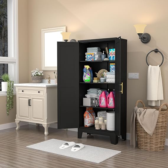 winiowa Pantry Cabinet with Doors and Adjustable Shelves, Metal Kitchen Storage cabinets with Gold Handles,61" Storage for Pantries,Dinning Room,Laundry Room,Living Room,Bathroom