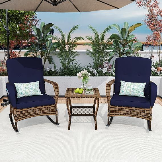 3-Piece Patio Furniture Set,Outdoor Rocking Chairs Set of 2, Patio Conversation Set with 2 Wicker Chairs with Rattan Coffee Table and Cushions for Garden,Porch,Backyard, Bistro (Blue)