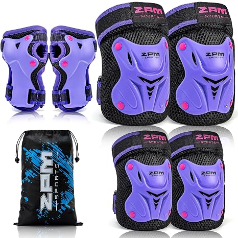 2PM SPORTS Knee Pads for Kids, Wrist Guards Knee and Elbow Pads Set with Drawstring Bag, Protective Gear Set for Girls Boys Roller Skating Cycling Skateboard - Purple Medium