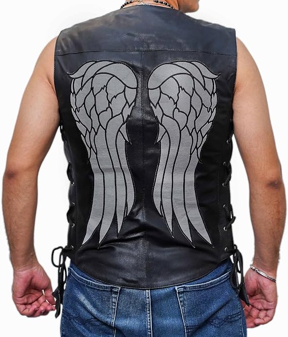 Mens Black Angel Wings Walking Dead Daryl Dixon Genuine Leather Vest