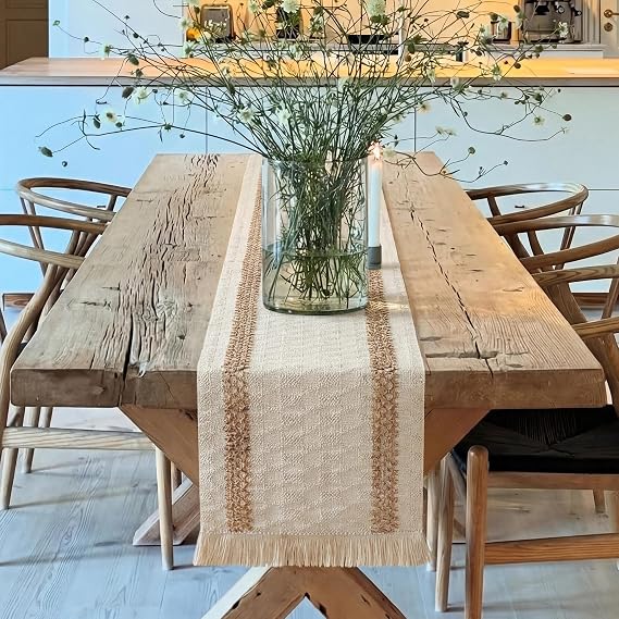 Farmhouse Decor Boho Table Runner with Macrame, Elegant Beige Brown Coffee Table Runners 90 Inches Long, Rustic Home Decor Boho Decorations for Dining Room Kitchen Baby Bridal Shower (12"90")