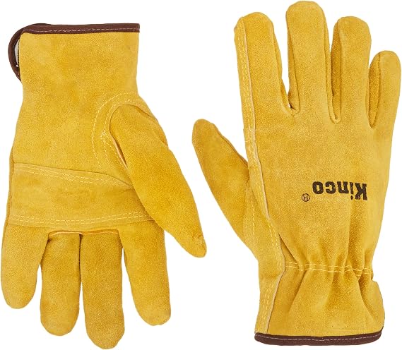 Kinco 51PL Lined Suede Cowhide Driver - Golden Full Suede Cowhide Full Fingers with Thermal Lining and Shirred Elastic Wrist - For Equipment Operation, Outdoor and Indoor - Large