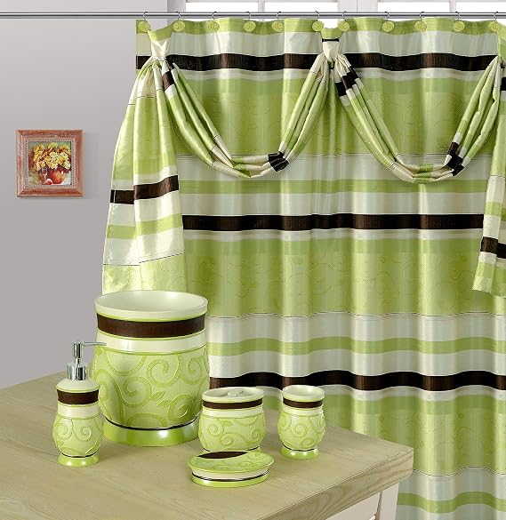 BH Home & Linen Decorative Sheer Scarf Shower Curtain with Floral & Striped Designs 70" x 72 Inch Made of 100% Polyester. (Joyce Green)