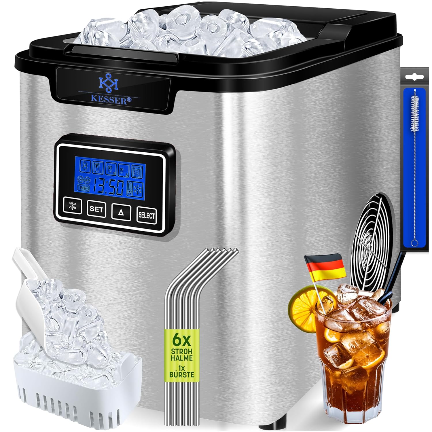 KESSER ® Ice Cube Maker Ice Cube Machine Stainless Steel 150 W Ice Maker 12 kg 24 h 3 Cube Sizes Preparation in 6 min 2.2 Litre Water Tank Timer LCD Display Self-Cleaning Function