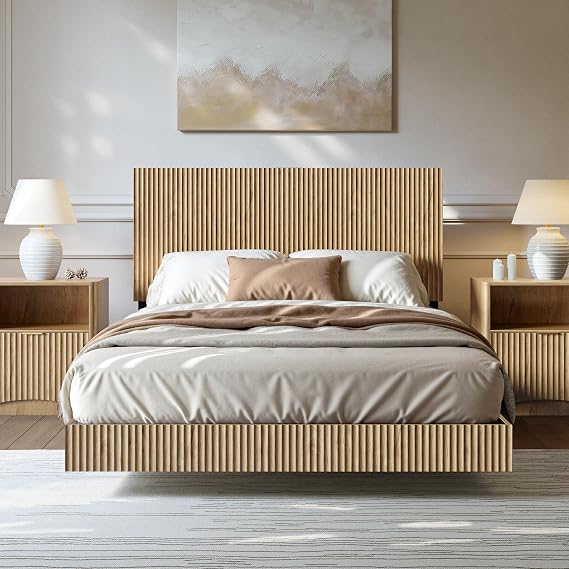 Evermagin Oak Full Floating Bed Frame with Headboard
