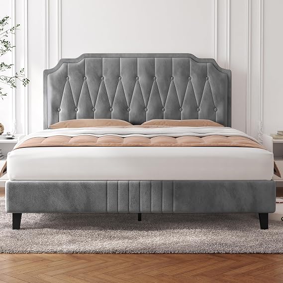 Yaheetech Velvet Upholstered Bed Frame 140 x 200 cm Light Grey