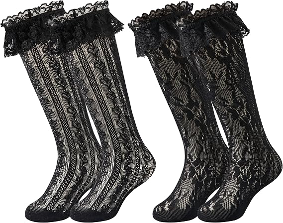 LOLANTA Girls Lace Knee High Socks 2 Pack Sheer Patterned Stockings 5-12Y