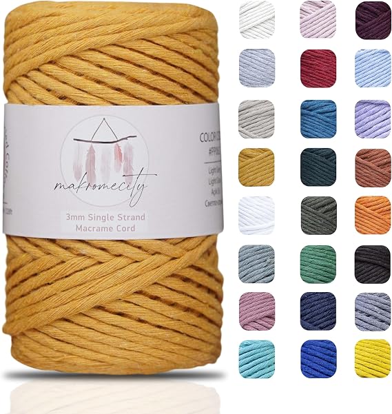 Makromecity, Tek Telli Makrome Kordon 3 mm x 100 Yards (300 ft) 3 mm Tek Bükülmüş Hardal Pamuk Kordon Makrome Sanat ve El Sanatları Duvar Askıları için Geri Dönüşümlü Pamuk Kordon İpliği DIY (Hardal,