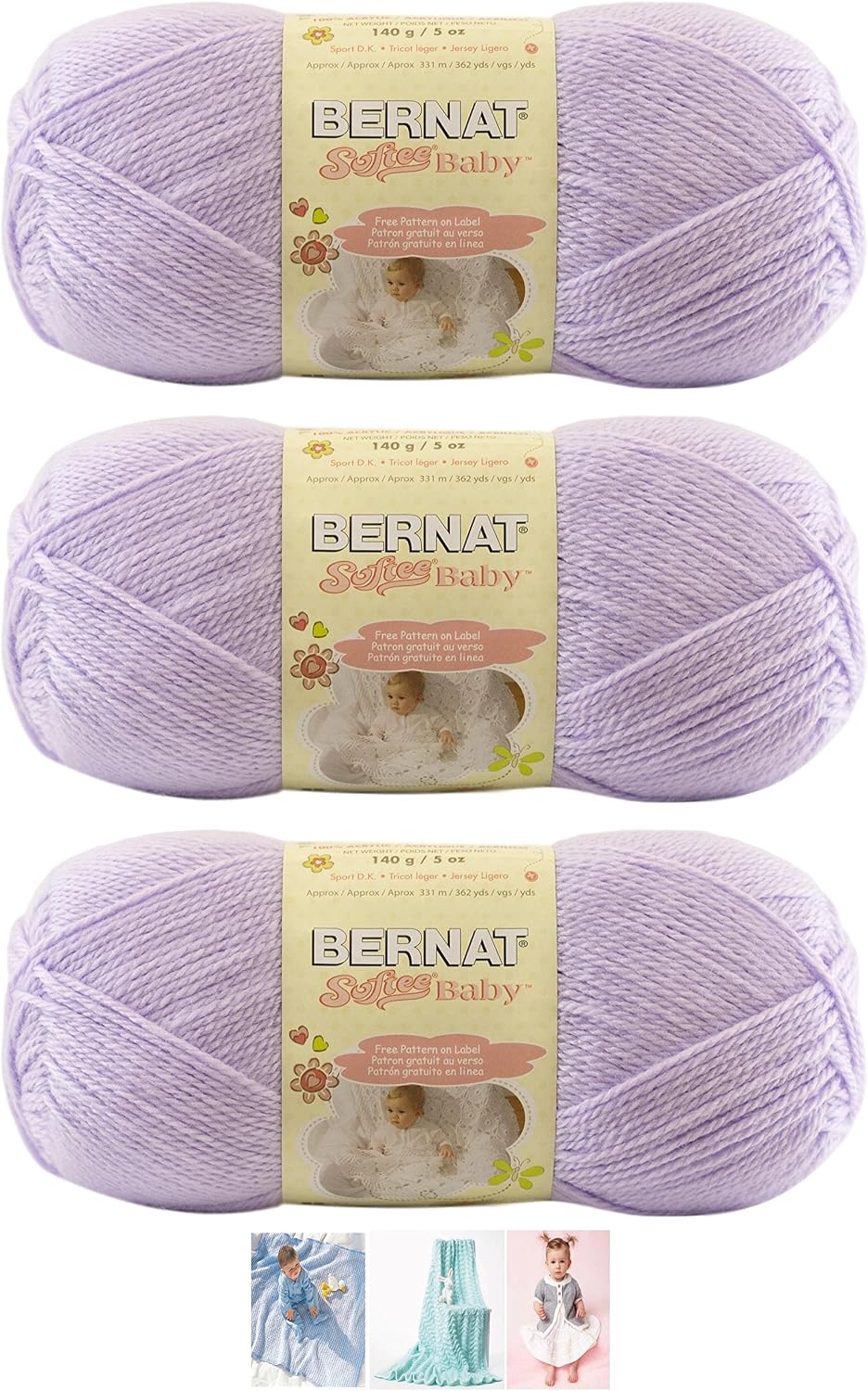 Bernat Softee Baby Yarn 3 Pack Bundle Includes 3 Patterns DK Light Worsted #3 ( Soft Lilac)