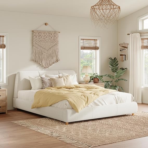 Full Size Marshmallow Bed Frame, Modern Upholstered Low Platform Bed with Thick Linen Cloud Headboard, Soft & Sturdy Low Bed Frame with Solid Wood Legs, No Box Spring Needed, Beige