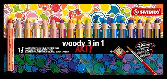 STABILO - woody 3-in-1 - Multi-Talented Pencil - ARTY - Pack of 18 - Assorted colors with Sharpener and Paint Brush