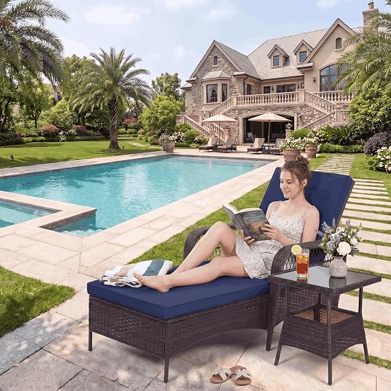 LEVELEVE Outdoor Wicker Chaise Lounge Sets, Patio Recliner Chairs with Tea Table