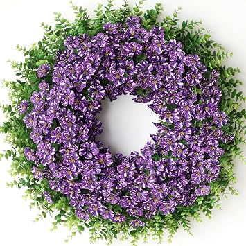 26" Artificial Flower & Eucalyptus Wreath - Faux Starry Sky Morning Glory Flowers and Eucalyptus Leaves Wreath, Spring Summer Wreath for Wall Window Farmhouse Festival Party Decor (Purple)