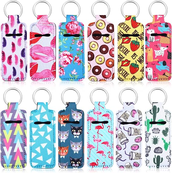 Frienda 12 Pieces Lipstick Holder Keychain - Neoprene Lip Balm Sleeve with Metal Ring, for Travel, Birthday Gifts & Lanyards