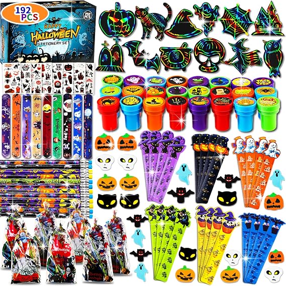 SHODMI 192Pcs Halloween Favors Stationery Gift Set, Trick or Treat Gifts for Kids, Halloween Party Favors for Kids Classroom Prizes Bulk Halloween School Supplies Goodie Bag Stuffers Fillers