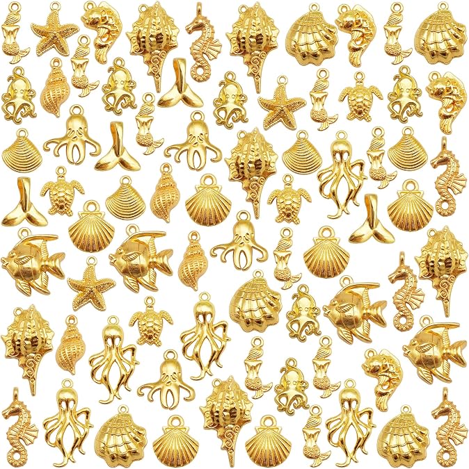 100PCS/300PCS Golden Summer Beach Charms, Mixed Sea Ocean Animals Marine Life Alloy Pendants for Hawaii Necklace Bracelet Jewelry Making and Crafting Supplies