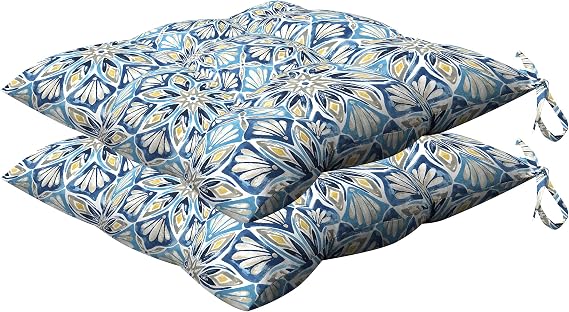 Honeycomb Indoor/Outdoor Beryl Pacific Blue Square Tufted Seat Cushion: Recycled Polyester Fill, Weather Resistant, Pack of 2 Patio Cushions: 17" W x 17" D x 4" T