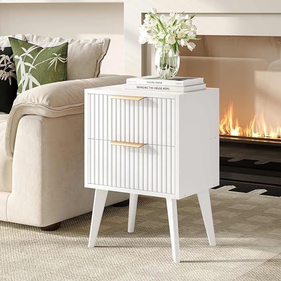 YAUKOMEL Fluted Nightstand with 2 Drawers,Modern Bedside Table White