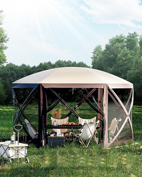 Pop Up Canopy Tent 12x12 Ft 6 Sided Pop Up Gazebo Screen Tent with Mesh Windows, Portable Carry Bag, Stakes, Instant Shade Screened in Gazebo for Outdoor Camping, Lawn, Backyard, Khaki/Beige