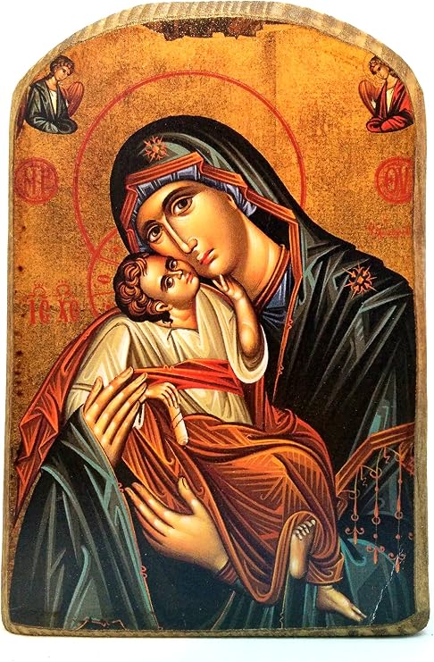 Iconsgr Handmade Wooden Greek Christian Orthodox Mount Athos Icon of Mother of Jesus & Jesus Christ Mp2_5
