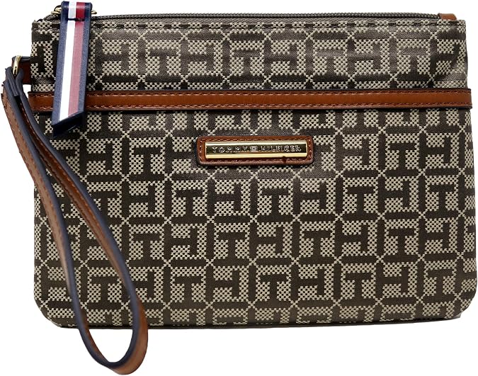 Tommy Hilfiger Women's Beige Brown Logo Printed Large Wristlet Wallet Clutch Bag