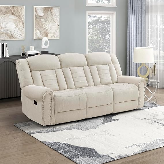 Lexicon Manual Double Reclining Sofa, Chenille Upholstered 3 Seater Manual Sofa Recliner for Living Room, Wall Hugger, Pocket Coil, Solid Wood, Metal, Nailhead Trim, Rolled Arm, Easy Assembly, Beige