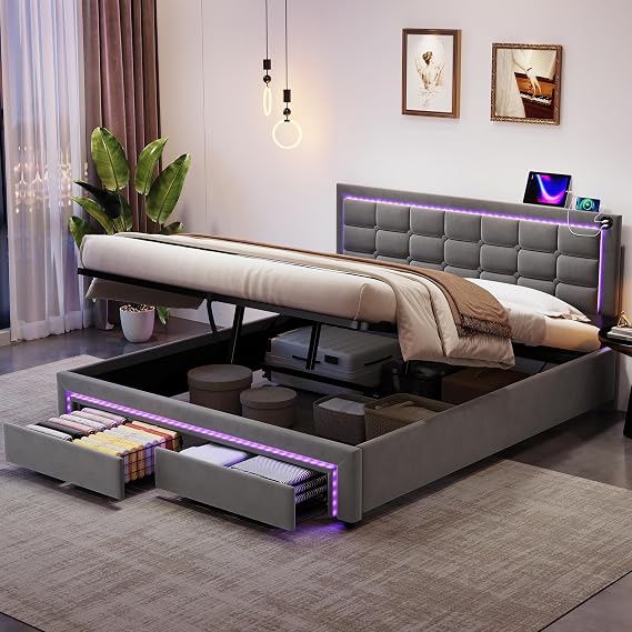 4ft6 Double Bed Frame with Hydraulic Lift&2 Storage Drawers&RGB LED Lighting, LED Adjustable Headboard with Charging Station, Velvet Functional Upholstered Ottoman Bed with Slats, No Mattress, Grey
