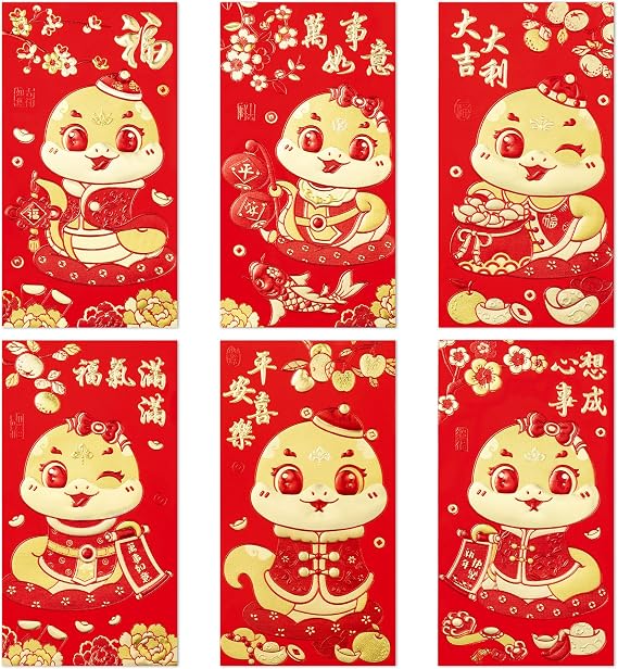 Red Envelopes Chinese New Year, 72pcs Money Envelopes for Cash Christmas Lucky Money Hong Bao Red Pocket for Year of Snake 2025, Realistic Snake, 6 Designs (B, Large)