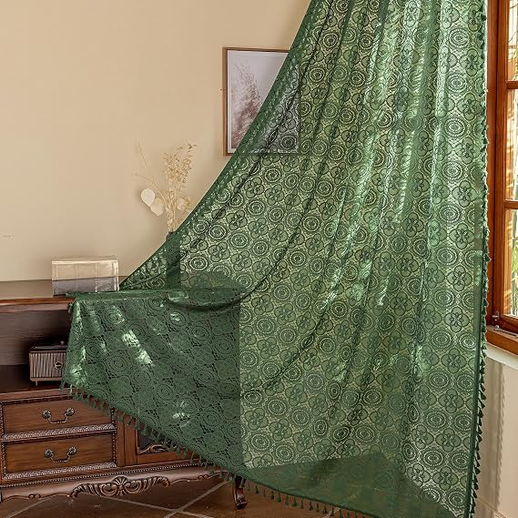Kotile Emerald Green Boho Curtain with Tassels, 1 Panel, 60 x 63 Inch