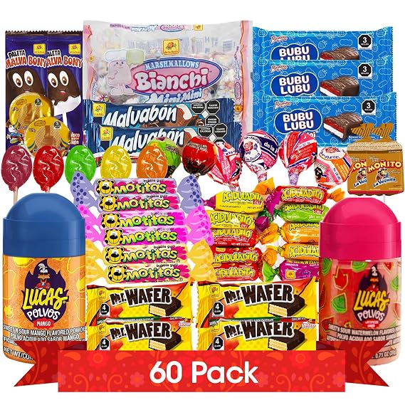 Las Posadas Mexican Sweet Candy for Kids and Adults 60 PCS Bulk Candy Variety Pack - Gums, Marshmallow, Wafers, Obleas, Lucas Polvo, Assorted Lollipops.