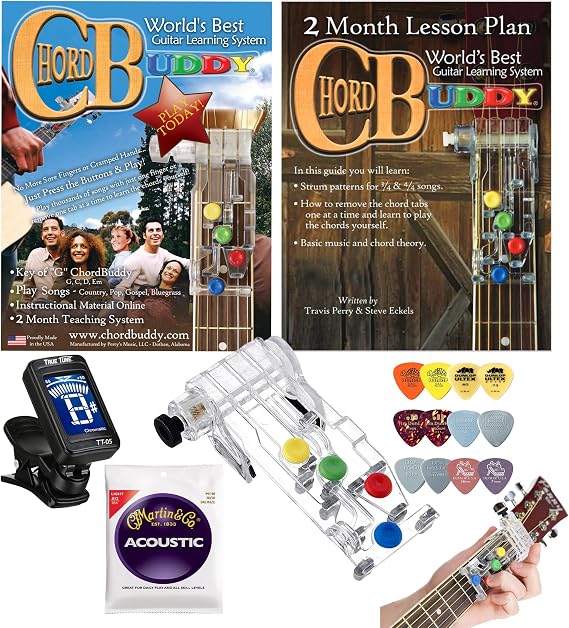 Chord Buddy Guitar Learning Aid Package with True Tune Tuner, Strings & Picks Bundle