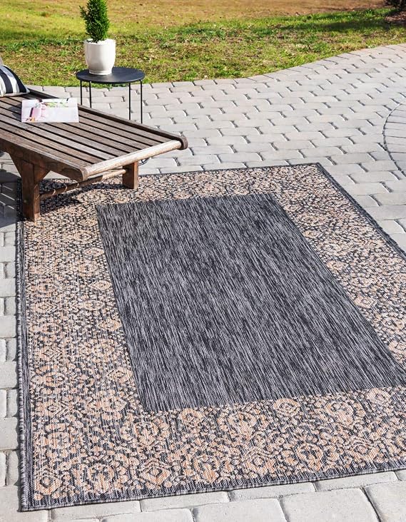 Unique Loom Outdoor Border Collection Area Rug - Floral Border (5' 1" x 8' Rectangle, Charcoal Gray/ Beige)