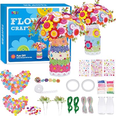 SpriteGru Flower Craft Kit for Kids, Make Your Own Flower Bouquet with Buttons and Colorful Petals, Art Vase and Craft DIY Activity Gift for Boys & Girls Age 4 5 6 7 8 9 10 Year Old 2 Glass Vase