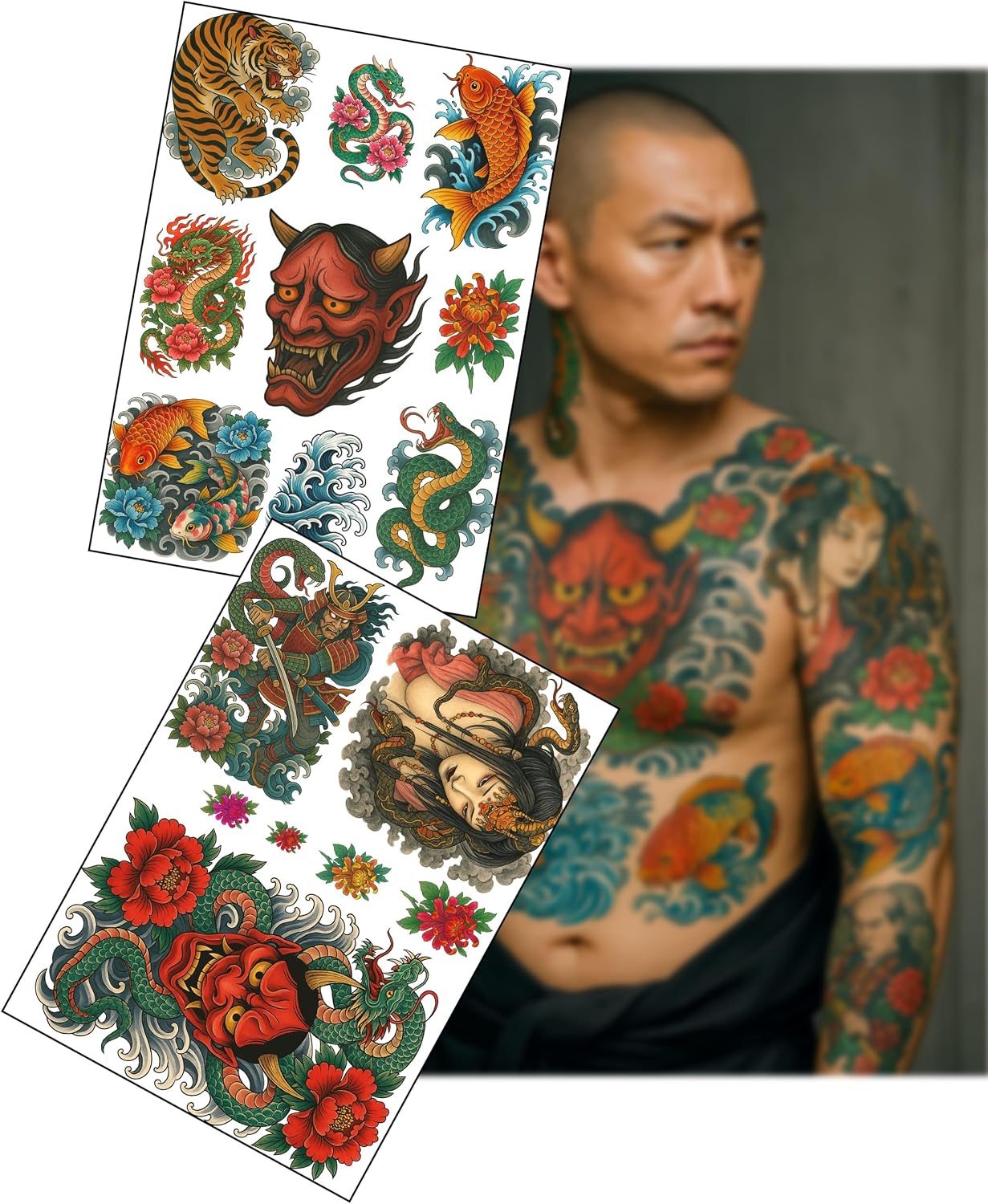Realistic Yakuza & Samurai Fake Tattoos – 2 A4 Sheets – Traditional Japanese Tattoo Style – Ultra-Real No-Shine Transfer for Film, Cosplay, Halloween