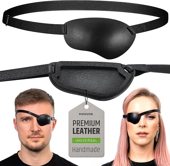 Black Leather Eye Patch, Concave 3D Design for Adults, Adjustable Strap