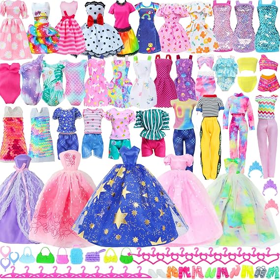 65 Pcs Doll Clothes and Accessories Sets | 11.5 Inch Girl Doll Clothing, | 20 Wedding Gowns, Fashion Dresses, Outfits Top & Pant, Swimsuits Bikini, Slip Dresses & 45 Shoes, Hangers, Crowns | MCZQXW
