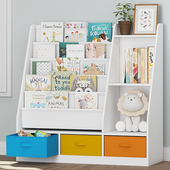 UTEX Kids Bookshelf with Storage, 5-Tier Montessori Toddler Bookcase, White