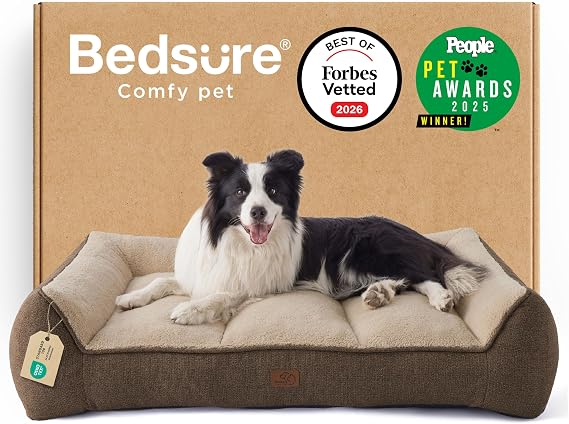 Bedsure Extra Thick Supportive Orthopedic Dog Bed Sofa Large 96x71cm, Brown | Waterproof Washable Cover, L Plus Pet Sofa Couch with Soft Plush Sherpa and Nonskid Bottom, Home Decor