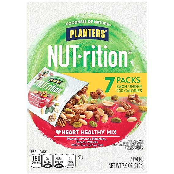 PLANTERS NUT-rition Heart Healthy Mix with Walnuts, 7.5 oz Box (Contains 7 Individual Pouches) - On-the-Go/ Work/School Snack and Active Lifestyle Snack - Great Camping Snacks - Kosher | Mixed Nuts Snack Packs: Peanuts, Almonds, Pistachios, Pecans, Walnuts. Snacks for Adults. Healthy Snacks